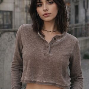 Self Esteem Crop Top Distressed Brown Waffle Knit Henley Snap Y2K Soft Grunge M